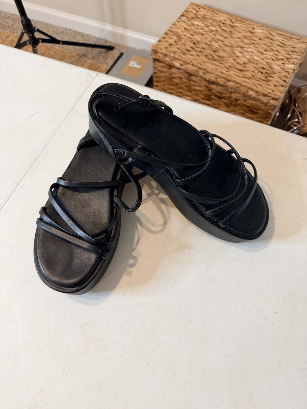3 for $9 Black vegan leather platform strap sandals 12 EUC 802